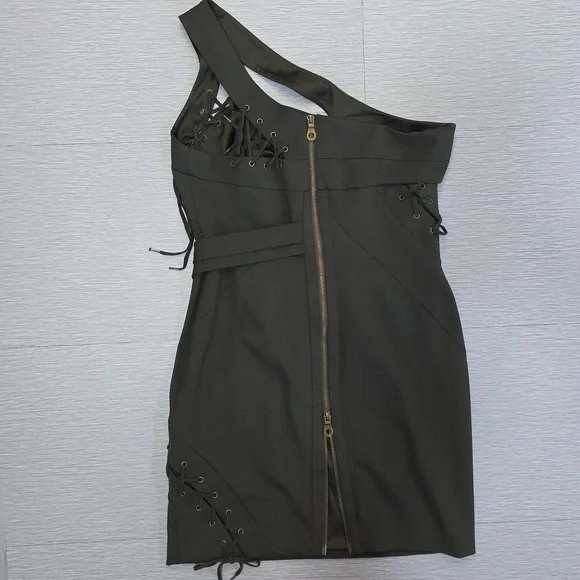 L.A.M.B. Gwen Stefani One Shoulder Mini Dress Military Olive Silk Lined Sz 10 - Picture 2 of 13
